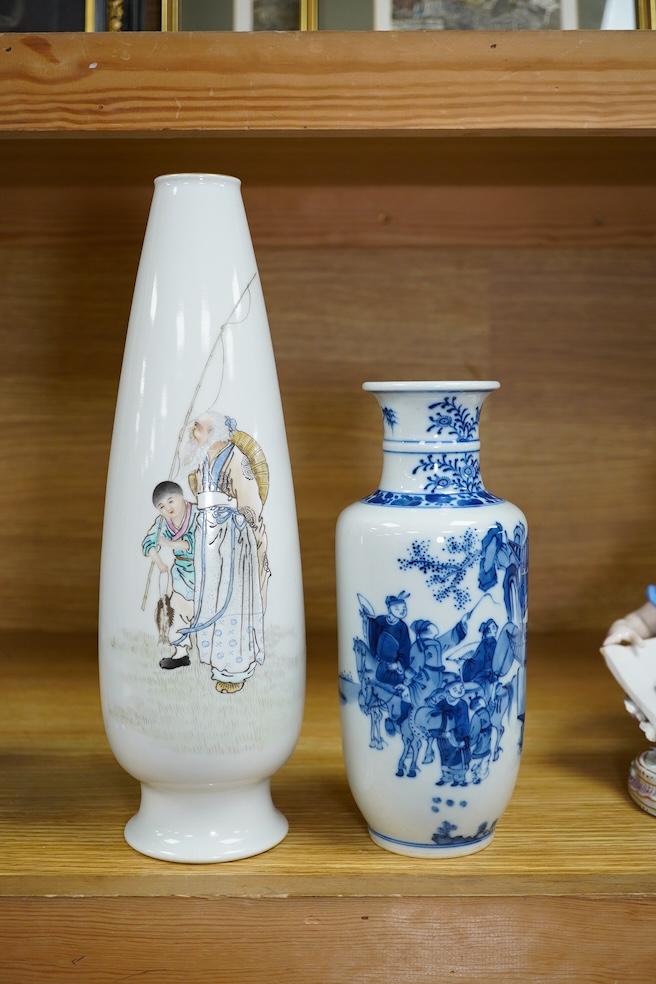 A Chinese blue and white vase and an enamelled figurative porcelain example, tallest enamel vase 29cm high. Condition - good